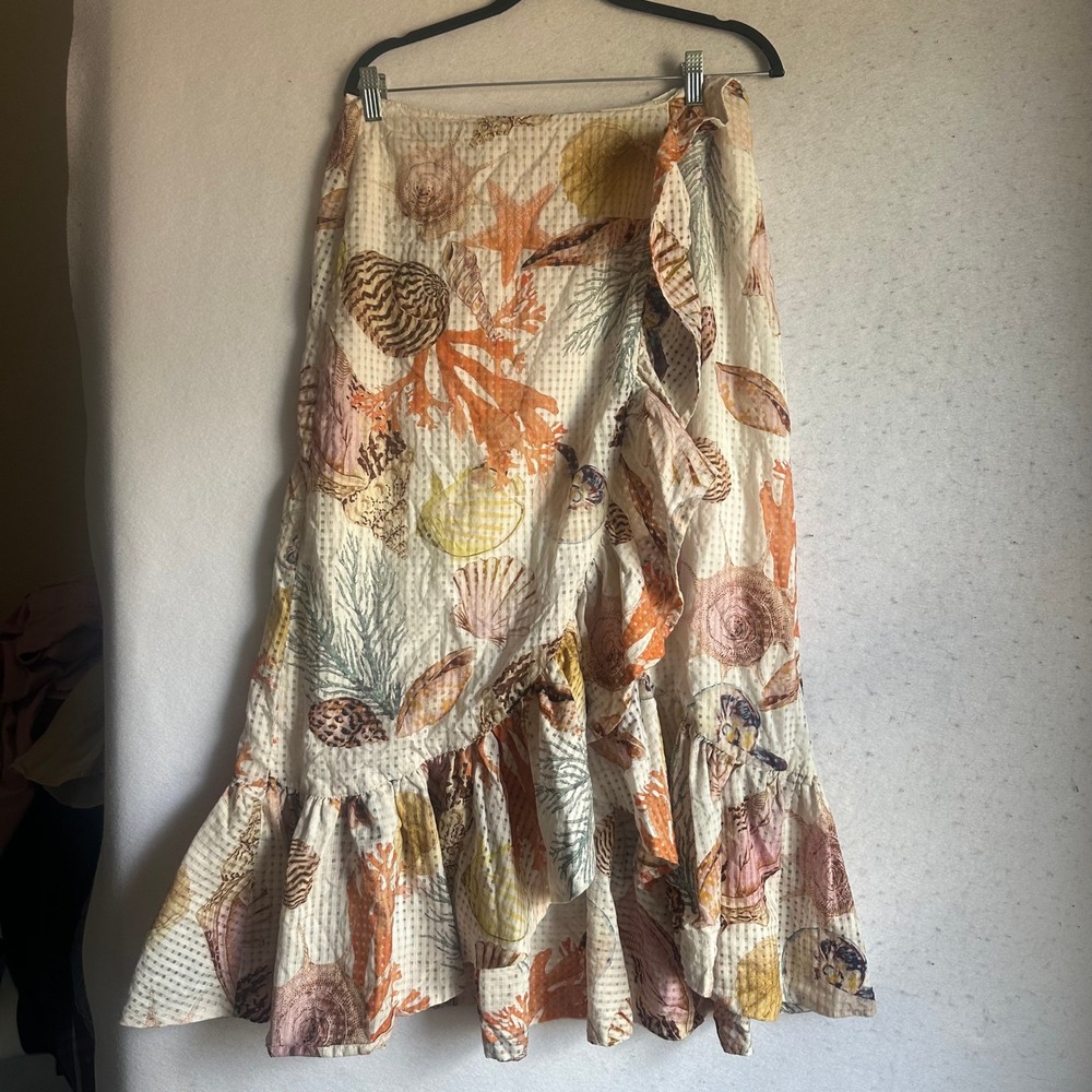 Maeve by Anthropologie Seashell Print Ruffle Wrap Midi Skirt Ivory Orange US 12